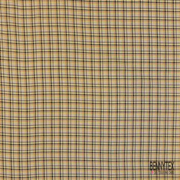 Coton viscose tissé teint petit tartan gris noir vanille blanc discret ocre lurex or
