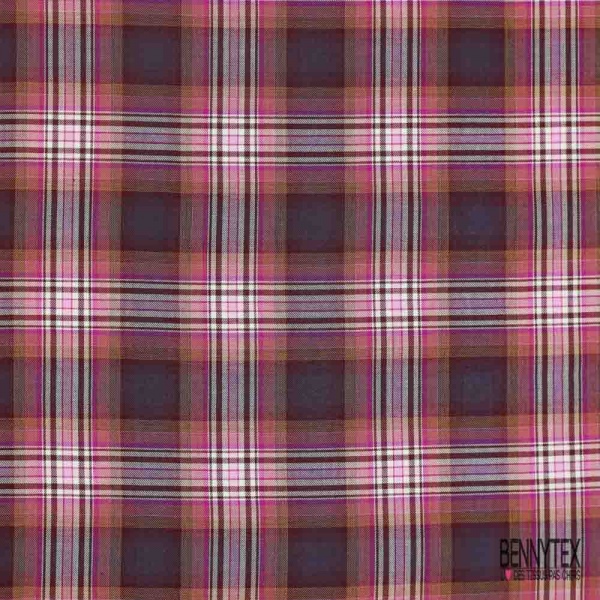 Coton viscose tissé teint tartan anthracite framboise beige blanc discret