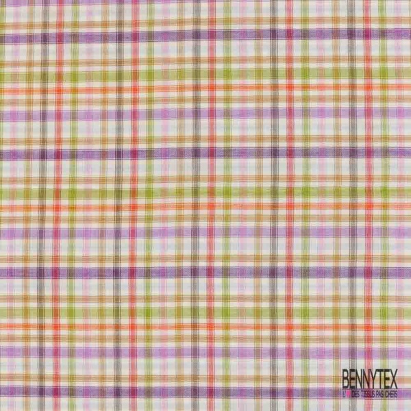 Coton froissé motif tartan violine citron vert mandarine gris beige fond blanc discret