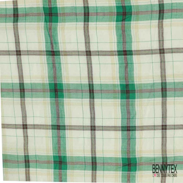 Coton froissé élasthanne motif tartan gazon choco fond blanc discret