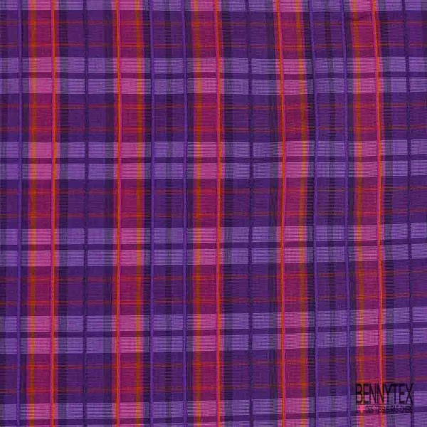 Coton froissé élasthanne motif tartan violet fushia orange texturé