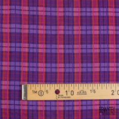 Coton froissé élasthanne motif tartan gazon choco fond blanc discret