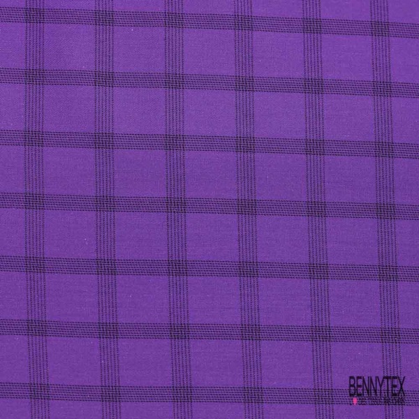 Coton viscose tissé teint élasthanne tartan noir fond violet