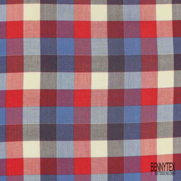 Coton viscose tissé teint carreaux bleu rouge blanc discret noir