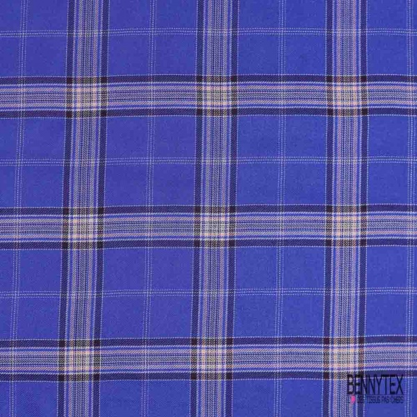 Coton viscose tissé teint tartan noir rose pastel fond bleu roi