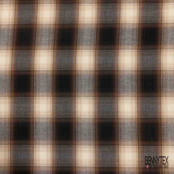 Coton viscose tissé teint tartan noir ocre blanc cassé choco