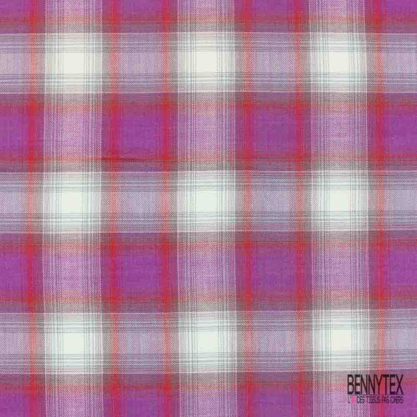 Coton viscose tissé teint élasthanne tartan orchidée rouge blanc cassé gris