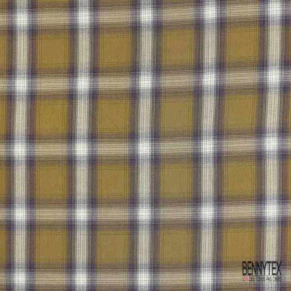 Coton viscose tissé teint élasthanne tartan aubergine brun doré beige blanc cassé