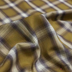Coton viscose tissé teint élasthanne tartan orchidée rouge blanc cassé gris