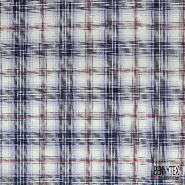 Coton viscose tissé teint tartan ciel noir rouge lurex argent fond blanc discret