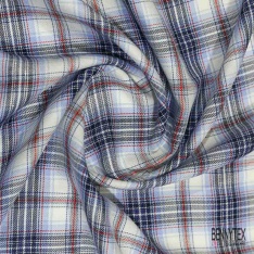 Coton viscose tissé teint élasthanne tartan aubergine brun doré beige blanc cassé