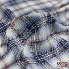 Coton viscose tissé teint élasthanne tartan aubergine brun doré beige blanc cassé