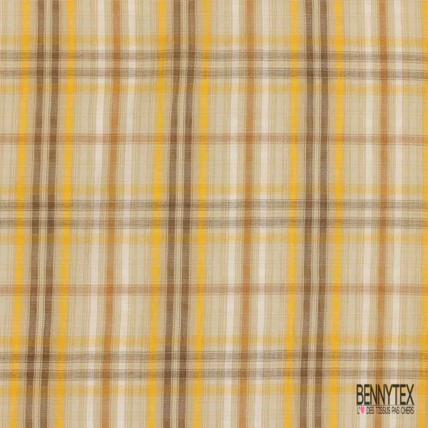 Coton froissé élasthanne motif tartan jaune or ocre blanc cassé brun beige