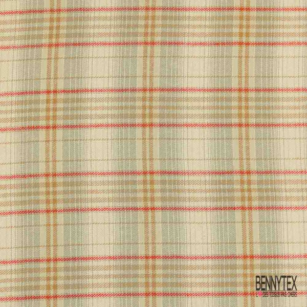Coton viscose gratté chemise bûcheron tissé teint tartan rouge beige ocre gris clair blanc cassé