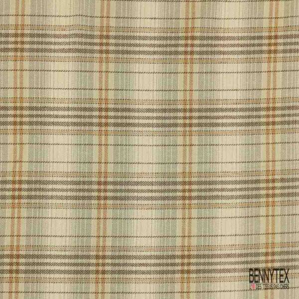 Coton viscose gratté chemise bûcheron tissé teint tartan brun ocre beige gris moyen blanc cassé