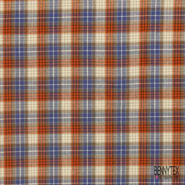 Coton viscose gratté chemise bûcheron tissé teint tartan orange bleu taupe beige blanc cassé