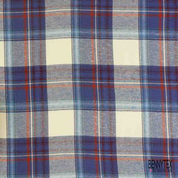 Coton viscose gratté chemise bûcheron tissé teint tartan bleu rouge blanc cassé
