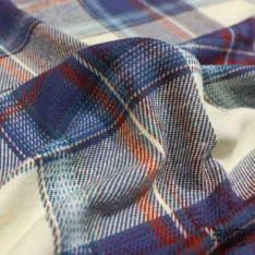 Coton viscose gratté chemise bûcheron tissé teint tartan orange bleu taupe beige blanc cassé