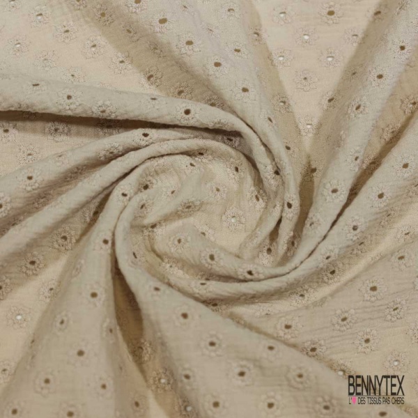 Double gaze de coton broderie anglaise beige pastel
