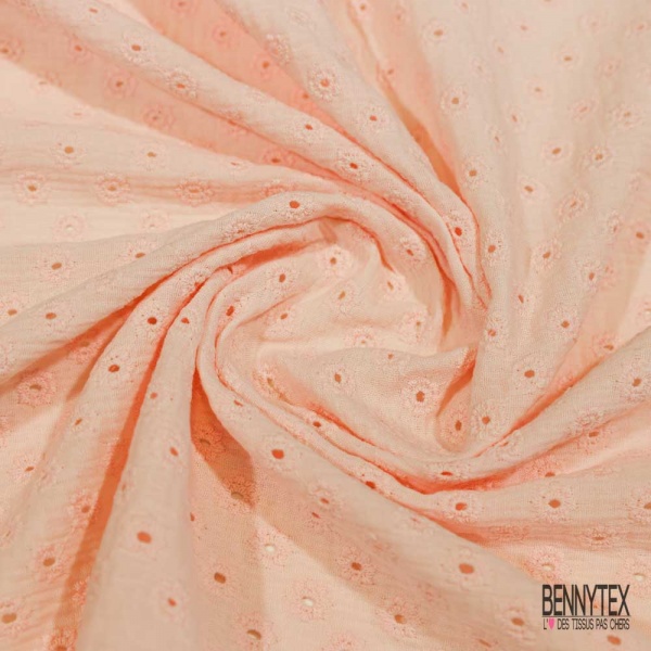 Double gaze de coton broderie anglaise rose pastel
