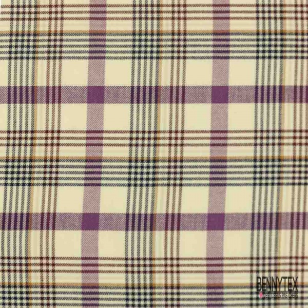 Coton viscose gratté chemise bûcheron tissé teint tartan violine bleu nuit beige fond blanc cassé