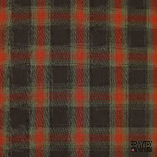 Coton viscose tissé teint tartan choco mandarin kaki