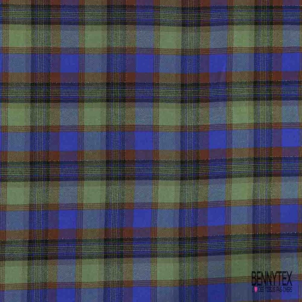 Coton viscose gratté chemise bûcheron tissé teint tartan bleu roi olive cannelle lurex or