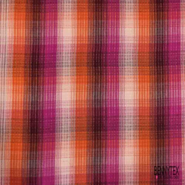 Coton tissé teint motif écossais lie de vin orchidée rose pâle corail