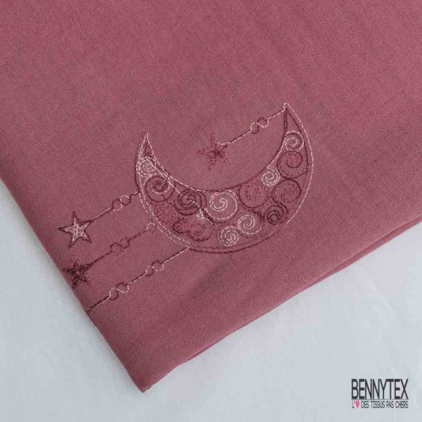 Coupon 3m viscose voile vieux rose brodé lune étoile camaïeu de rose
