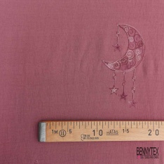 Coupon 3m viscose voile vieux rose brodé lune étoile camaïeu de rose