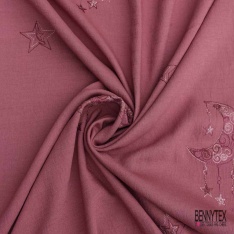 Coupon 3m viscose voile vieux rose brodé lune étoile camaïeu de rose