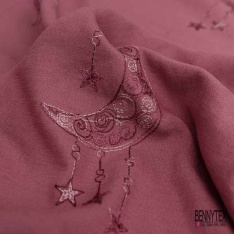 Coupon 3m viscose voile vieux rose brodé lune étoile camaïeu de rose