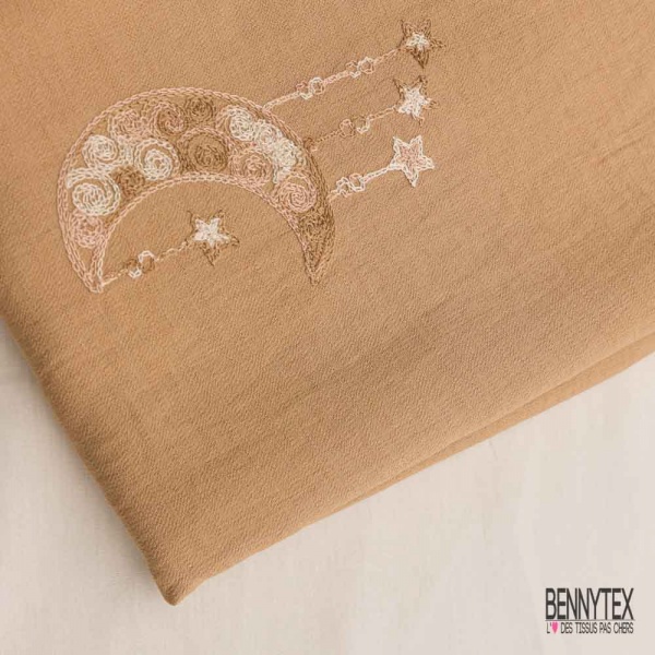 Coupon 3m viscose voile beige brodé lune étoile camaïeu de beige
