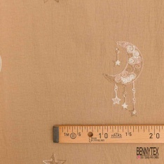 Coupon 3m viscose voile beige brodé lune étoile camaïeu de beige