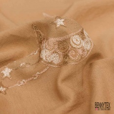 Coupon 3m viscose voile beige brodé lune étoile camaïeu de beige