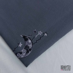Coupon 3m viscose voile anthracite brodé lune étoile camaïeu de gris