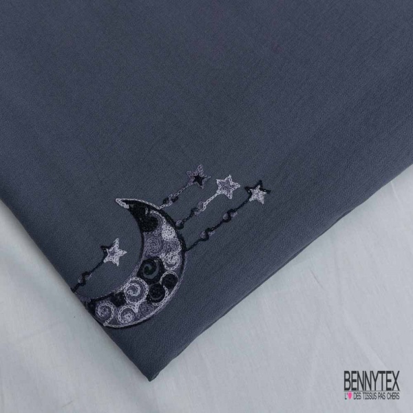 Coupon 3m viscose voile anthracite brodé lune étoile camaïeu de gris