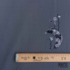 Coupon 3m viscose voile anthracite brodé lune étoile camaïeu de gris