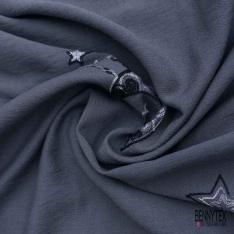 Coupon 3m viscose voile anthracite brodé lune étoile camaïeu de gris