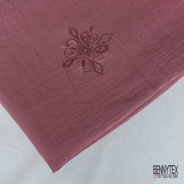 Coupon 3m viscose voile vieux rose brodé floral camaïeu de rose
