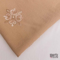 Coupon 3m viscose voile beige brodé floral camaïeu de beige