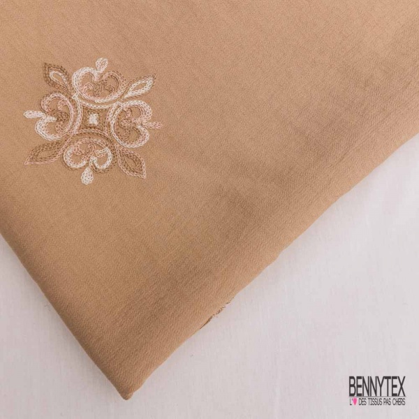 Coupon 3m viscose voile beige brodé floral camaïeu de beige