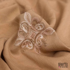 Coupon 3m viscose voile beige brodé floral camaïeu de beige