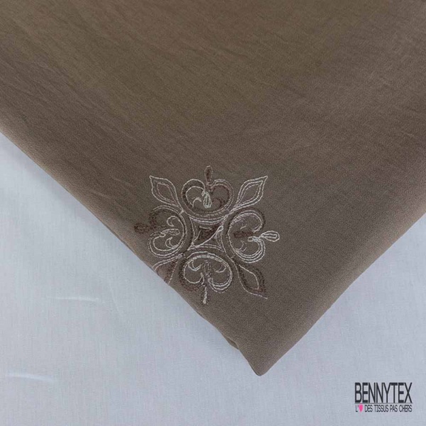 Coupon 3m viscose voile sable mouillé brodé floral camaïeu de beige