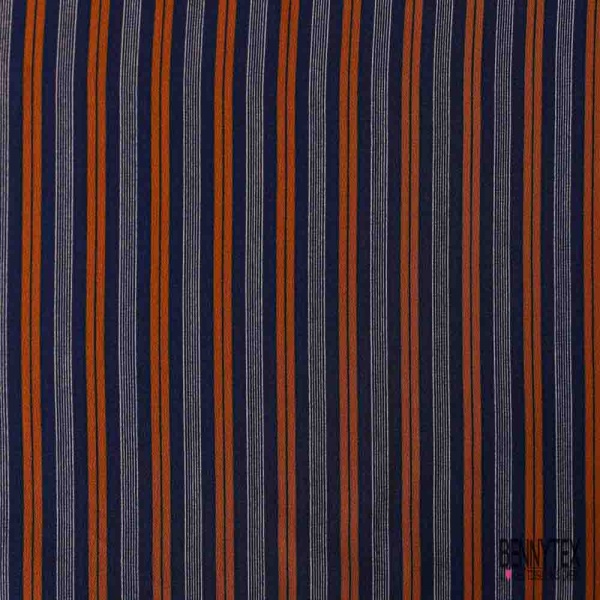 Crêpe viscose digital motif rayure verticale marine blanc optique orange