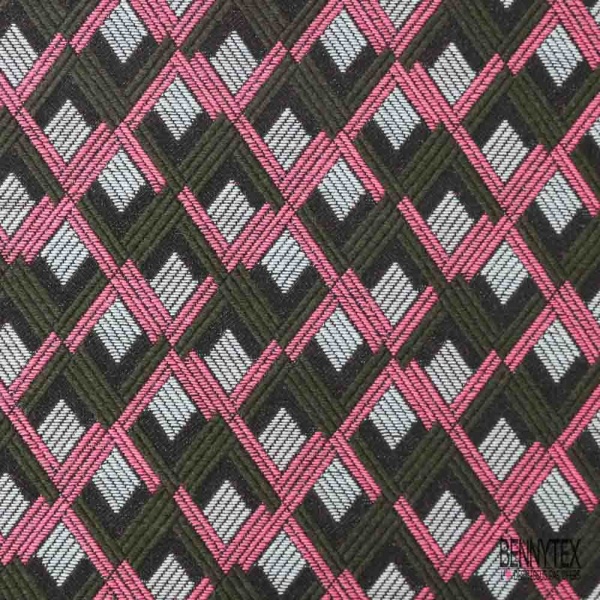 Jacquard laine imprimé losange fantaisie rose noir blanc kaki