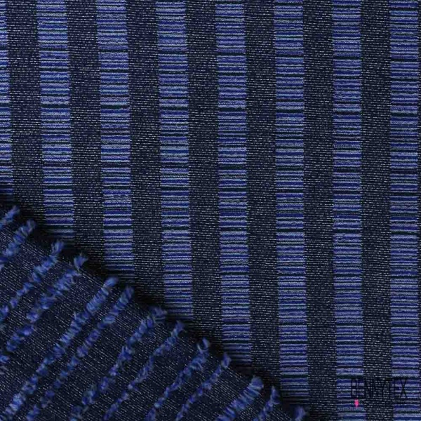Jacquard imprimé rayure verticale frangée chinée noir blanc discret bleu roi