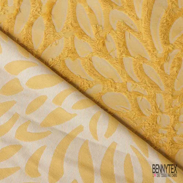 Jacquard imprimé feuille stylisée jaune or fond sergé blanc discret jaune or