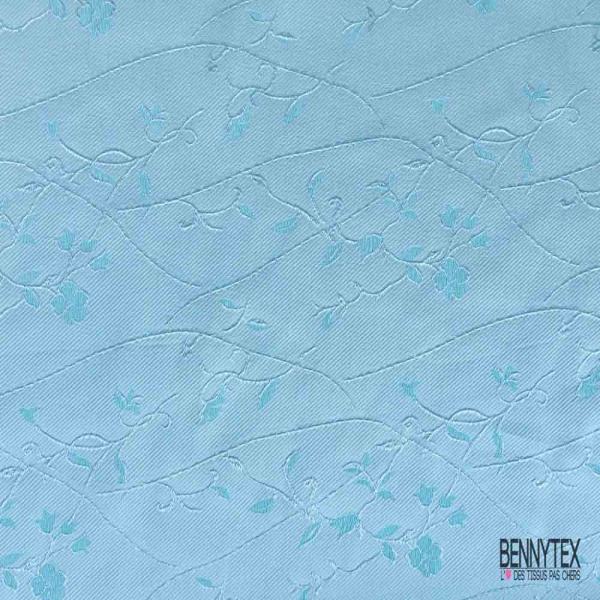 Jacquard sergé floral japonisant turquoise bleu ciel givré