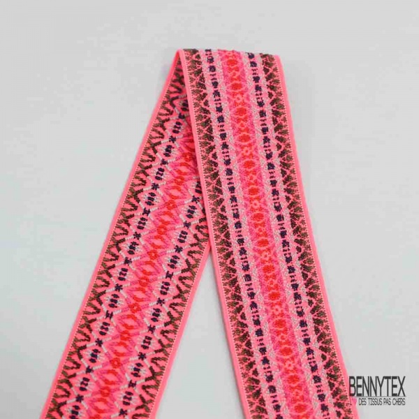 Bande élastique fantaisie motif amérindien fond rose fluo